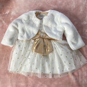 Gold and White Dress with Faux Fur Cover - 6 Months